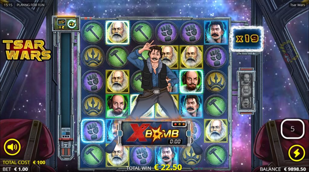 The xBomb Wild feature explodes on the Tsar Wars grid, removing adjacent symbols and increasing the multiplier.