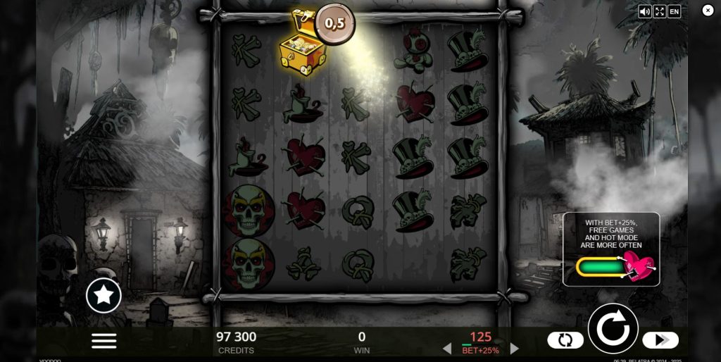 A treasure chest symbol collecting multiple coins for a big win in the Voodoo Coins game.