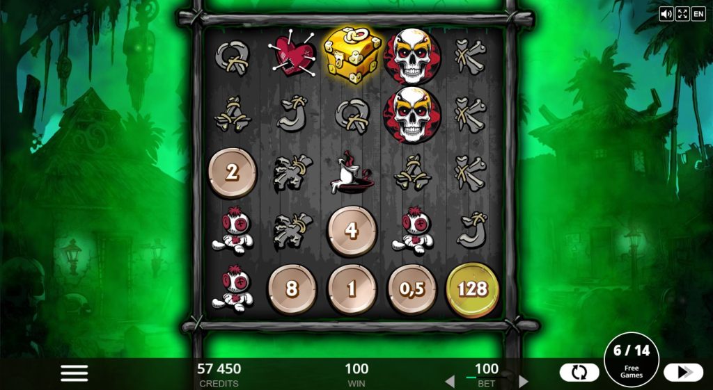 Sticky Wilds locked in place during the Free Games feature of Voodoo Coins.