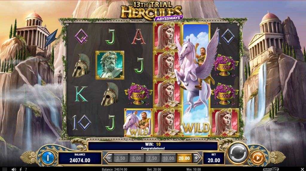 The Will of Zeus feature activating in 13th Trial Hercules Abyssways, with a wild symbol expanding to cover a full reel.