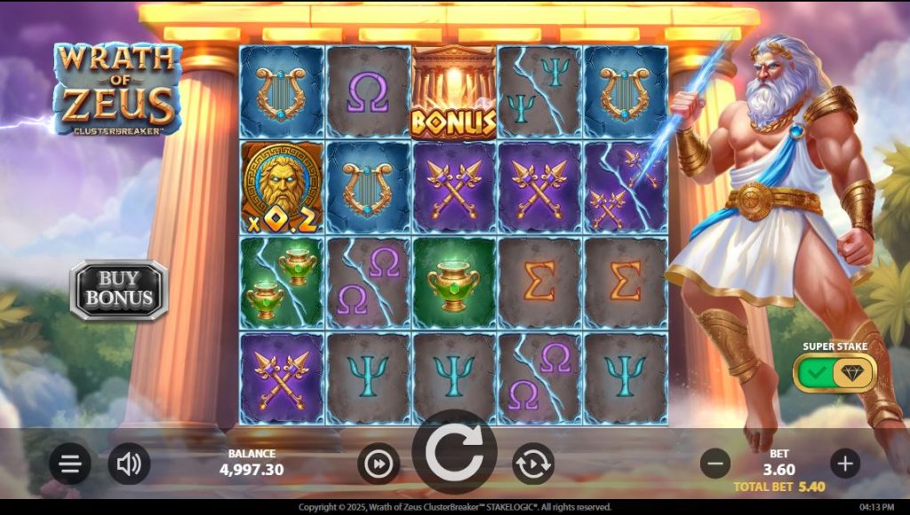 The base game screen of the Wrath of Zeus ClusterBreaker slot, showing the 5x4 grid and Zeus.