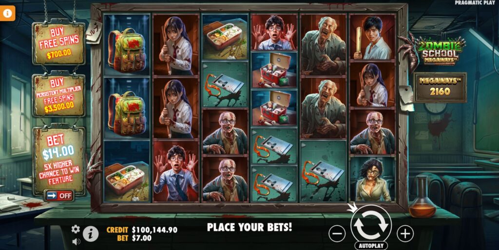 The base game of Zombie School Megaways slot showing the reels and characters.