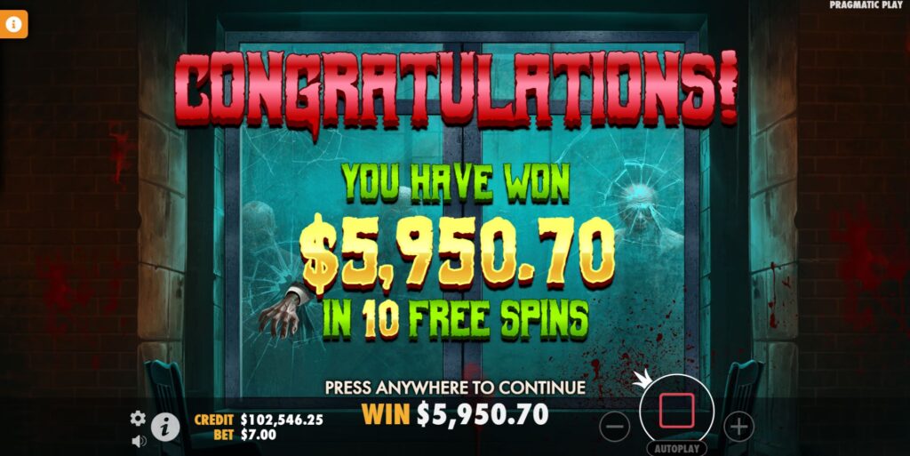 A massive win of over $5,000 is displayed after a bonus round in the Zombie School Megaways slot.