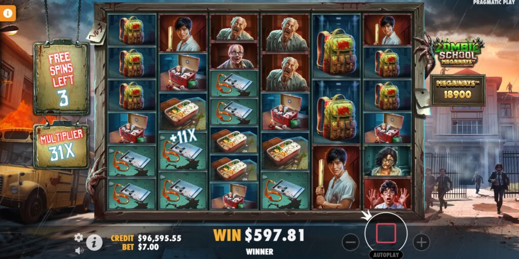 The Free Spins round in Zombie School Megaways with an active multiplier.