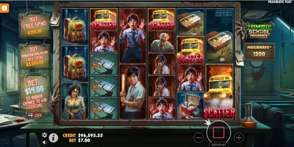 Triggering the Free Spins round with four Scatter symbols in Zombie School Megaways.