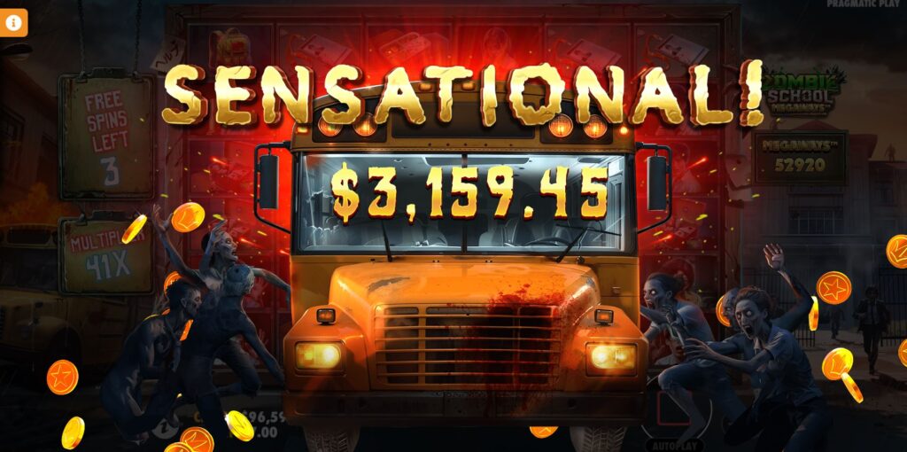 A massive win achieved with the Persistent Multiplier feature in Zombie School Megaways.